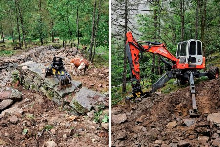 Sortýrovací drapák MB-G500 v Lombardských horách na severu Itálie. Společnost Fattarelli SAS s ním pracovala na úpravě koryta a při
výstavbě hrází.